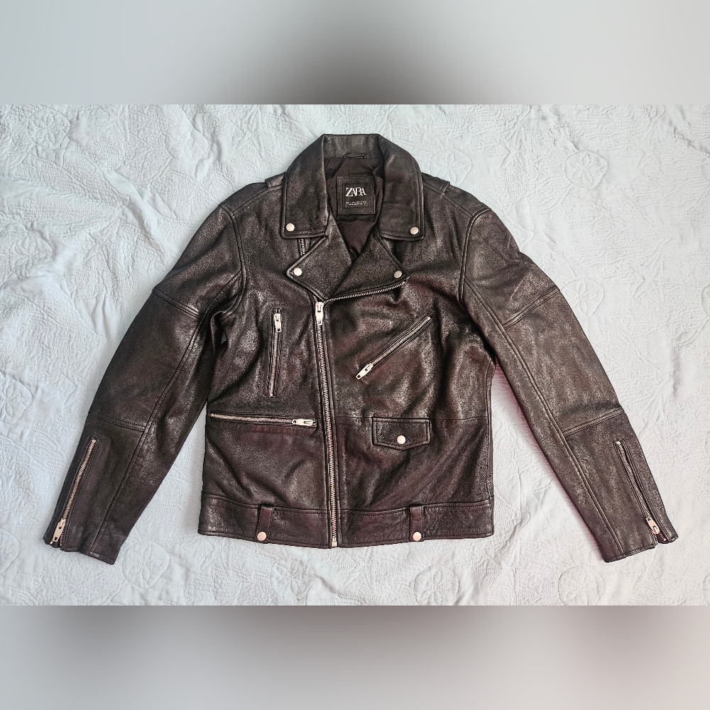 Zara Men's Black 100% Sheep Skin Leather Motorcycle Jacket